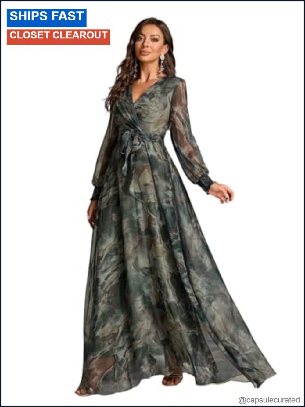 Women's Long Sleeve Maxi Dress V-Neck A-Line Polyester Semi-Formal